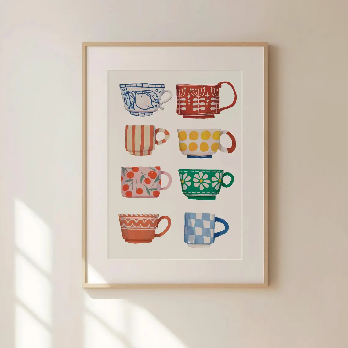 Coffee Tea Cups - ภาพพิมพ์ลายถ้วยชา, โปสเตอร์อาหารเช้า, ศิลปะภาพพิมพ์ลายกาแฟ, ศิลปะตกแต่งผนังครัวทำมือ, ภาพพิมพ์ดิจิทัล, ของตกแต่งร้านกาแฟสุดอินเทรนด์,