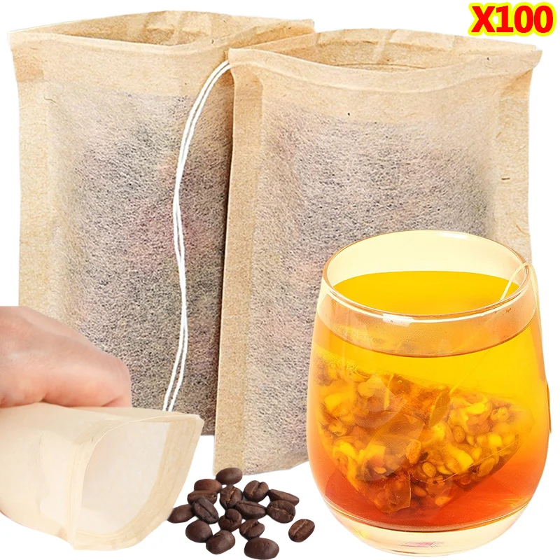 Coffee Tea Bean Leaf - 100 ชิ้น Teabags พร้อมสายรัดกรองถุงชาเปล่าสําหรับกาแฟ Bean Leaf