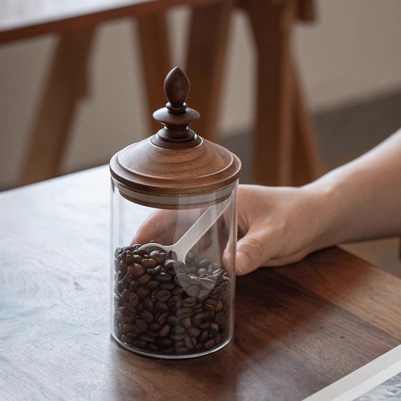 Coffee Tea Bean Leaf - สไตล์อเมริกันใช้ในบ้านกาแฟถั่วเก็บ Jar ลักษณะสูงตกแต่งชาใบแก้วปิดผนึก Jar ไม้วอลนัทฝาปิด