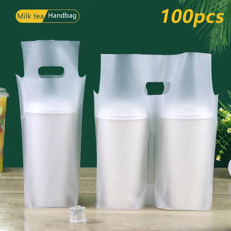 Coffee Tea Cups - ถุงบรรจุภัณฑ์ชา sữaแบบแก้วเดี่ยว/แก้วคู่ 100 ชิ้น ถุงพลาสติกใสแบบใช้แล้วทิ้งสำหรับเครื่องดื่ม ถุงหิ้วกาแฟแบบนำกลับบ้าน