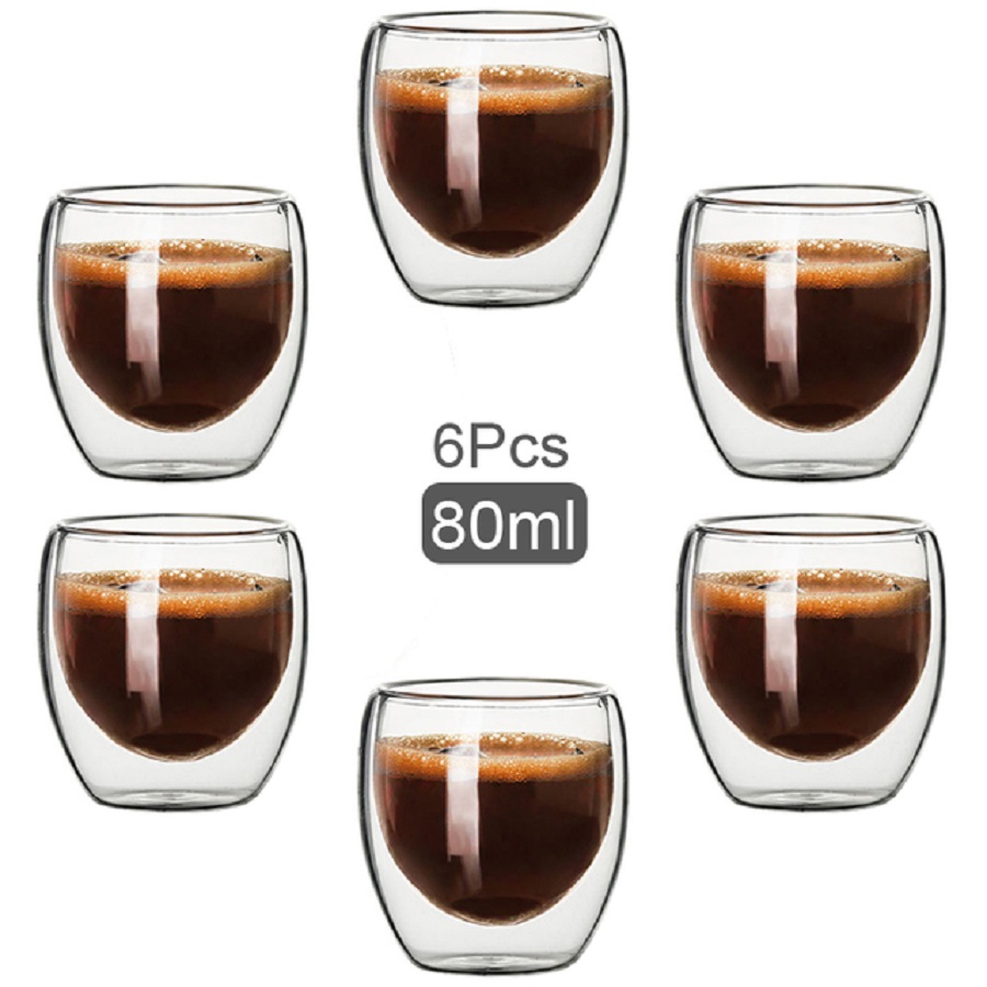 Coffee Tea Set Up - แก้วกาแฟผนังคู่แก้วแก้วผนังคู่คาปูชิโน่โกโก้นมถ้วย, 2.7 ออนซ์ของชุด 6 แก้วชากาแฟ, แก้วใส