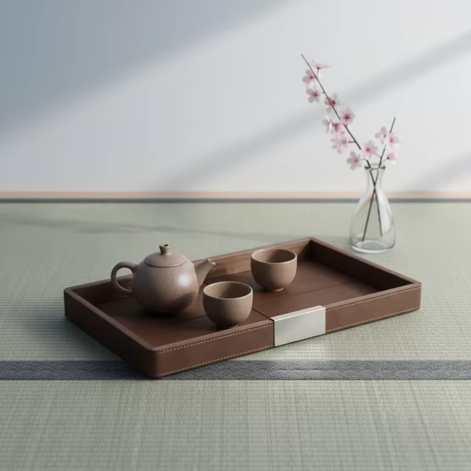 Tea Coffee Set Up - ถาดไม้วอลนัทแบบมินิมอลพร้อมขอบยกสูง ถาดหรูหราสำหรับบริการชา ตกแต่งโต๊ะกาแฟ และจัดวางข้างเตียง