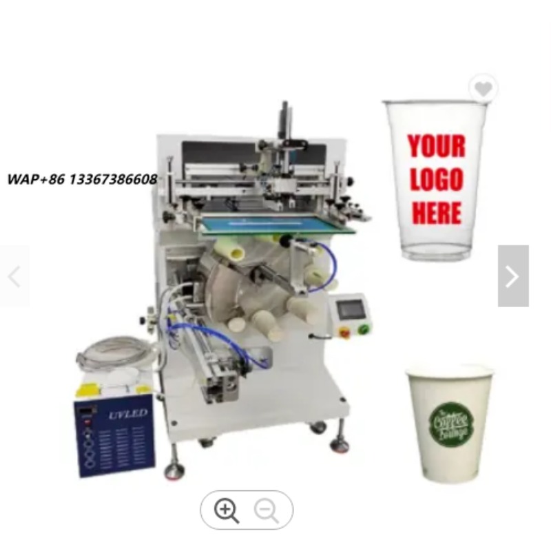 Coffee Tea Cups - เครื่องพิมพ์สกรีนกึ่งอัตโนมัติ 8 สถานี พร้อมเครื่องอบยูวี สำหรับพิมพ์บนแก้วกระดาษและพลาสติกแบบใช้แล้วทิ้ง แก้วกาแฟ