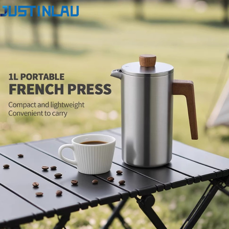 Coffee Tea Press - หม้อเฟรนช์เพรสสแตนเลส JUSTINLAU ขนาด 1000 มล. พร้อมด้ามจับไม้และมาตรวัด