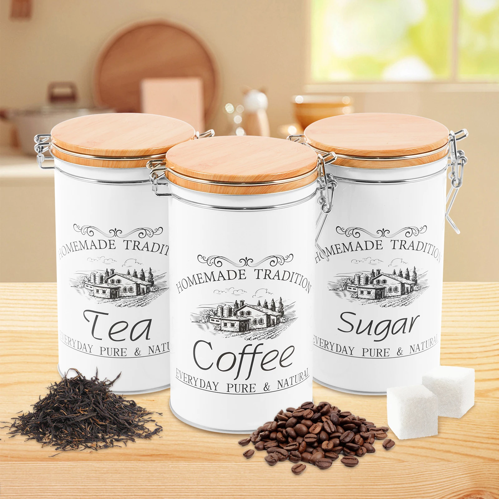 Coffee Tea Sugar Canister Set - 3 ชิ้น/เซ็ต กระป๋องชา กาแฟ น้ำตาล กระป๋องโลหะสำหรับเก็บเมล็ดกาแฟ